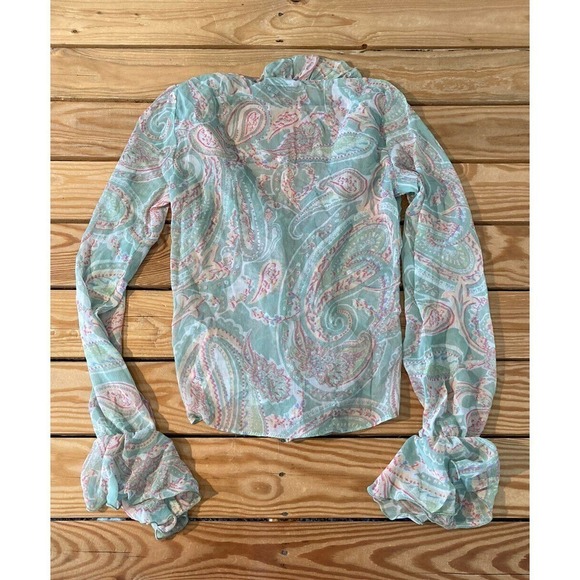 NEW Asos Design Paisley Ruffle Blouse Size 0 Women’s Green Button Front - Picture 2 of 8